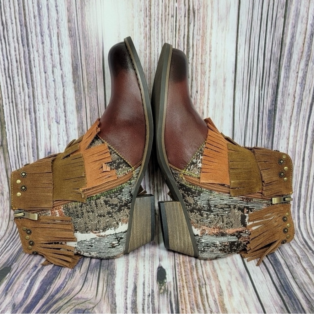 NIB Soffia Brown Tapestry Accent Triple Fringe Leather Boots - Sz 40 (US 9) - Picture 6 of 9